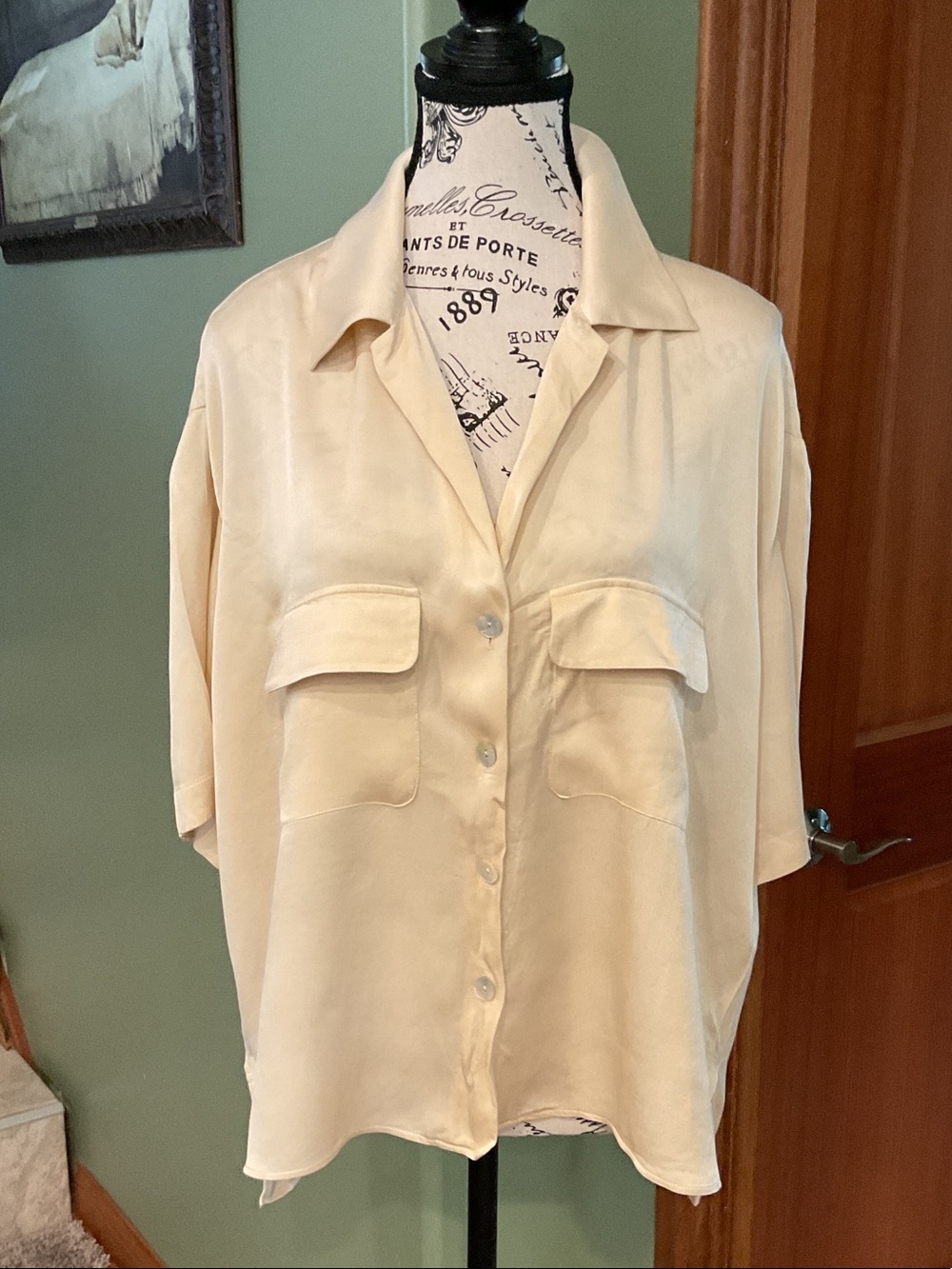 Zara Cream Short-Sleeve Button-Down Shirt with Flap Pockets, Sz XXL